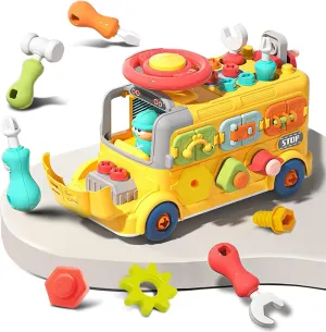 MITCIEN Take Apart Construction Vehicle Toy for Boys Girls Building Engineering Truck Play Bus with Screwdriver Hammer Tool Set Educational Learning Toys for Kids Age 3-6 and Up