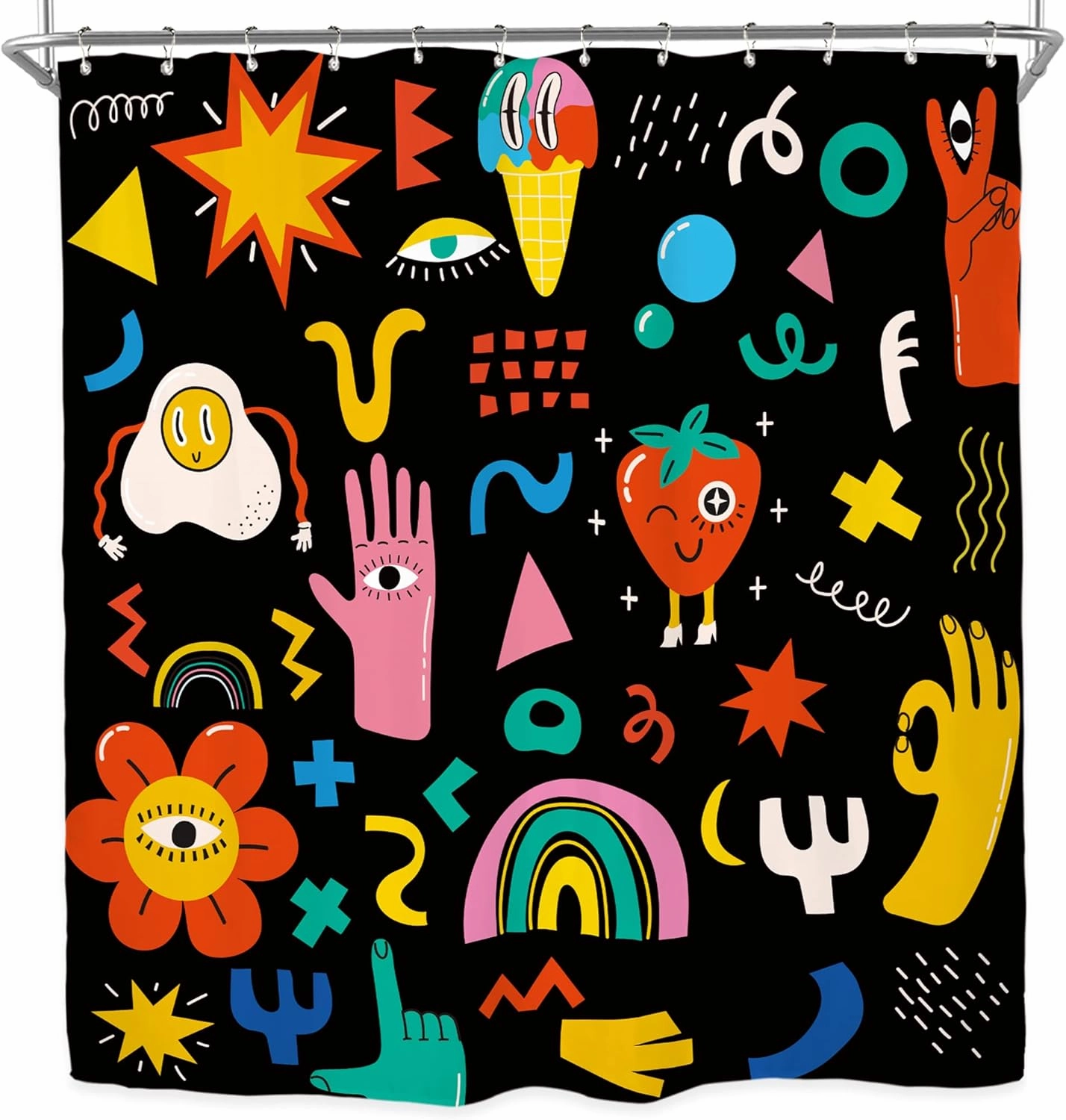Miyotaa 70s Groovy Retro Shower Curtain Set 60Wx71H Inches Cute Funky Hippy Kids Cartoon Rainbow Trendy Colorful Polyester Waterproof Cloth Bathroom Curtain with 12 Hooks