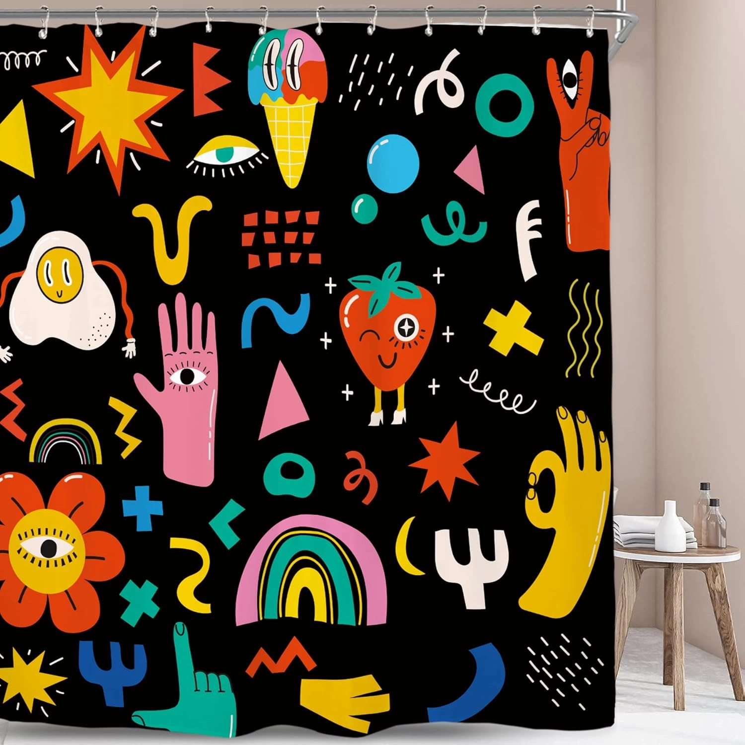 Miyotaa 70s Groovy Retro Shower Curtain Set 60Wx71H Inches Cute Funky Hippy Kids Cartoon Rainbow Trendy Colorful Polyester Waterproof Cloth Bathroom Curtain with 12 Hooks