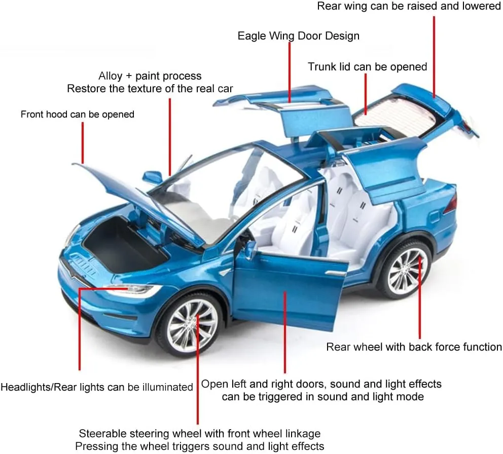 Model X Toy Car 1/24 Diecast Model X Model Car Pull Back Vehicles with Sound and Light, Eagle Wing Door, Big Model X Diecast Car Model Toy Suitable for Kids Adults Birthday Gift