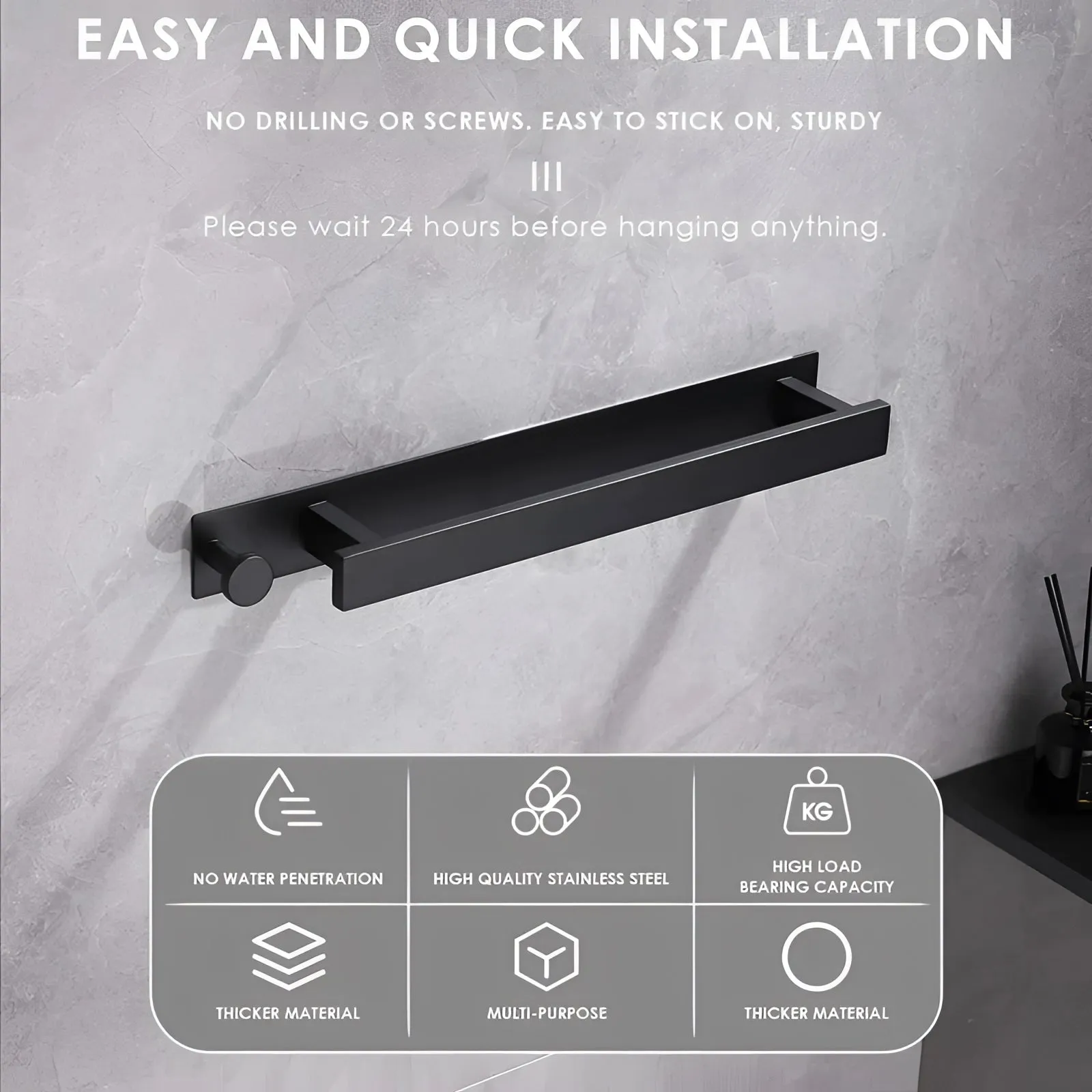 Modern Black Wall-Mounted Towel Rack - Space-Saving Bathroom Accessory