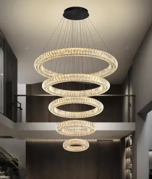 Modern Crystal Chandelier Lighting, Black 5 Ring Chandeliers LED Ceiling Lights Fixtures High Ceiling Chandeliers for Staircase, D8'' 15.7" 23.6" 31.5" 39.4"