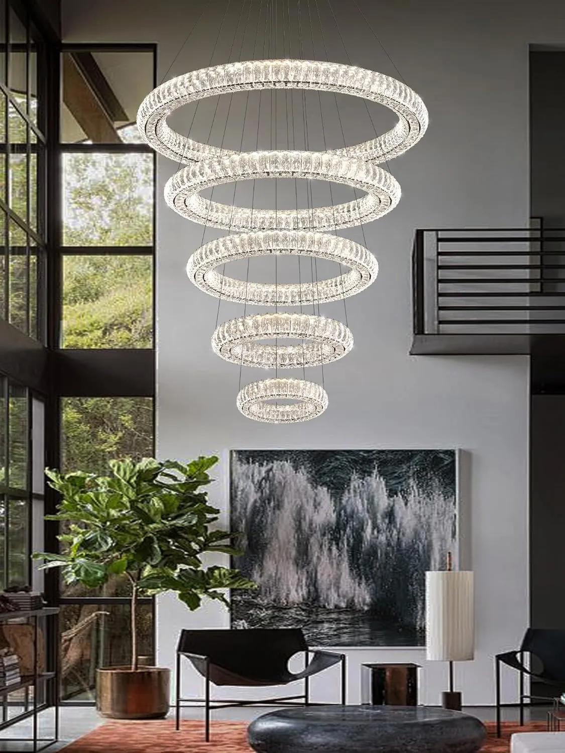 Modern Crystal Chandelier Lighting, Black 5 Ring Chandeliers LED Ceiling Lights Fixtures High Ceiling Chandeliers for Staircase, D8'' 15.7" 23.6" 31.5" 39.4"
