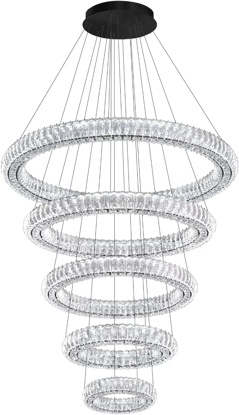 Modern Crystal Chandelier Lighting, Black 5 Ring Chandeliers LED Ceiling Lights Fixtures High Ceiling Chandeliers for Staircase, D8'' 15.7" 23.6" 31.5" 39.4"