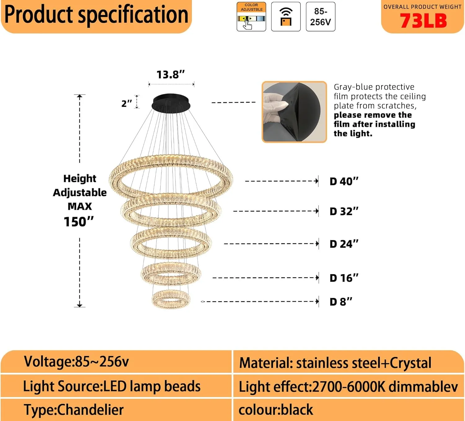 Modern Crystal Chandelier Lighting, Black 5 Ring Chandeliers LED Ceiling Lights Fixtures High Ceiling Chandeliers for Staircase, D8'' 15.7" 23.6" 31.5" 39.4"
