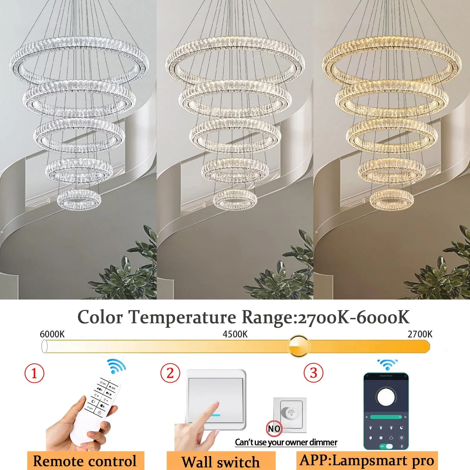 Modern Crystal Chandelier Lighting, Black 5 Ring Chandeliers LED Ceiling Lights Fixtures High Ceiling Chandeliers for Staircase, D8'' 15.7" 23.6" 31.5" 39.4"