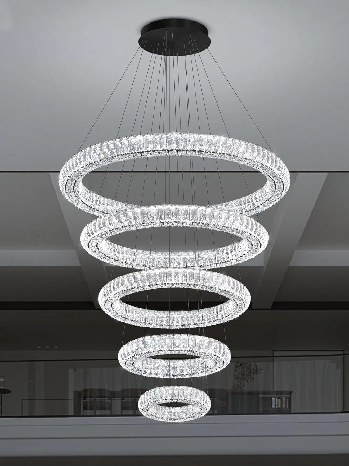 Modern Crystal Chandelier Lighting, Black 5 Ring Chandeliers LED Ceiling Lights Fixtures High Ceiling Chandeliers for Staircase, D8'' 15.7" 23.6" 31.5" 39.4"