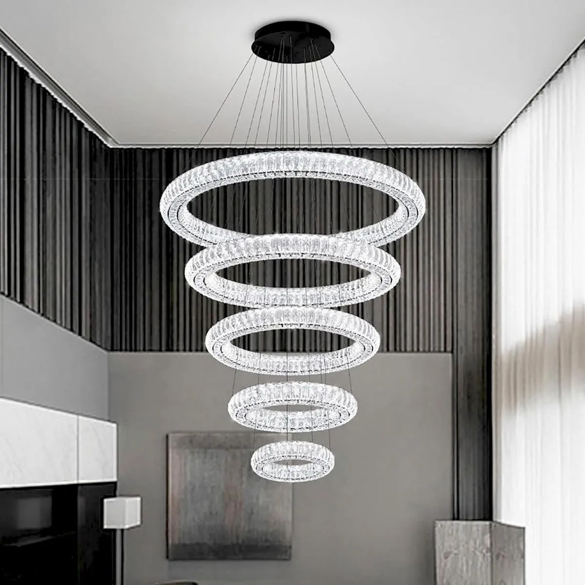 Modern Crystal Chandelier Lighting, Black 5 Ring Chandeliers LED Ceiling Lights Fixtures High Ceiling Chandeliers for Staircase, D8'' 15.7" 23.6" 31.5" 39.4"