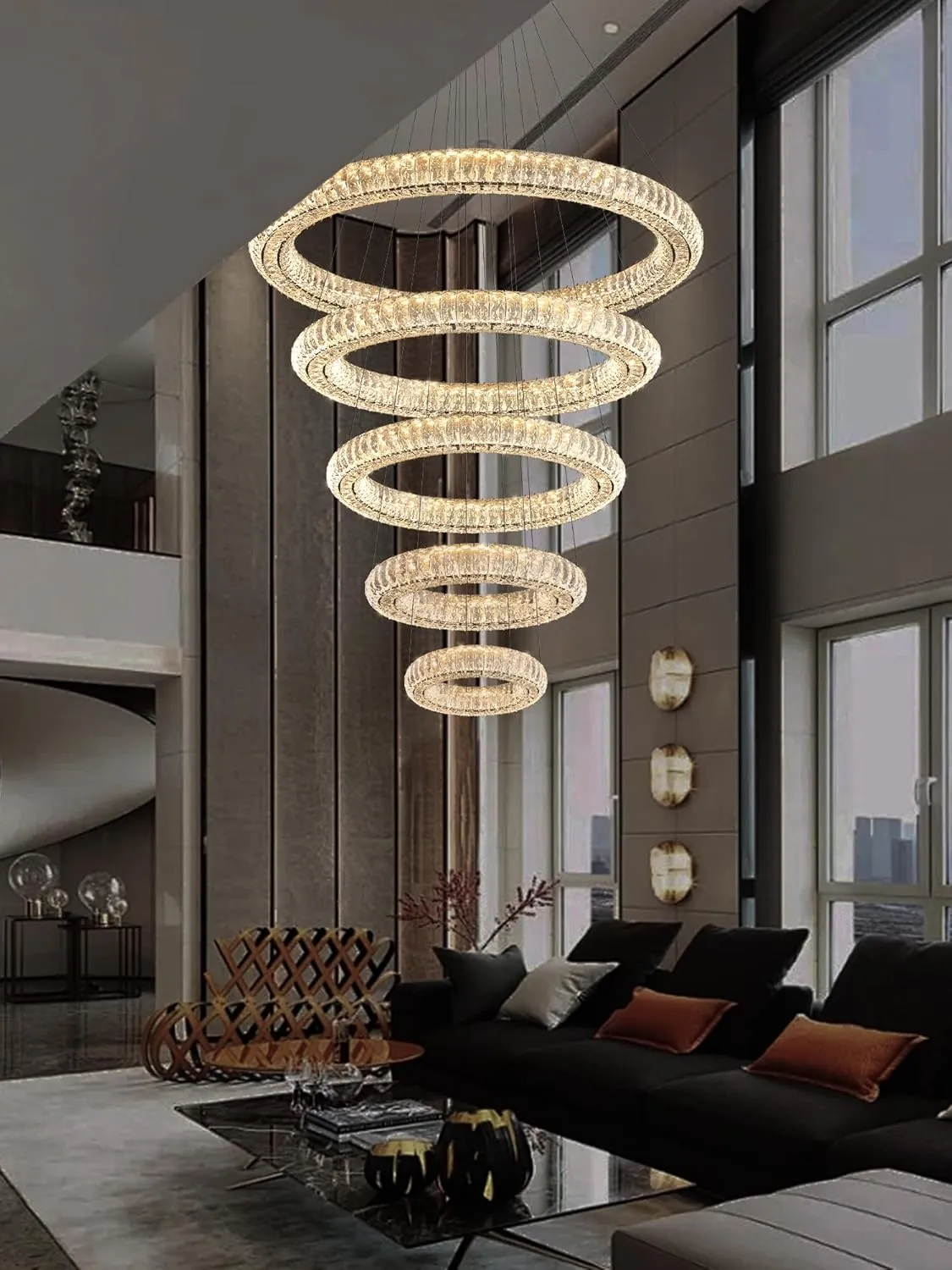 Modern Crystal Chandelier Lighting, Black 5 Ring Chandeliers LED Ceiling Lights Fixtures High Ceiling Chandeliers for Staircase, D8'' 15.7" 23.6" 31.5" 39.4"