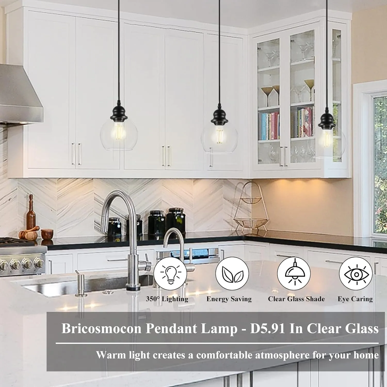 Modern Pendant Light Fixtures, Industrial Hanging Ceiling Lamp with Clear Glass Shade, Vintage Black Pendant Lighting for Kitchen Island Living Room Hallway Bedroom Dining Hall Office Bar Farmhouse