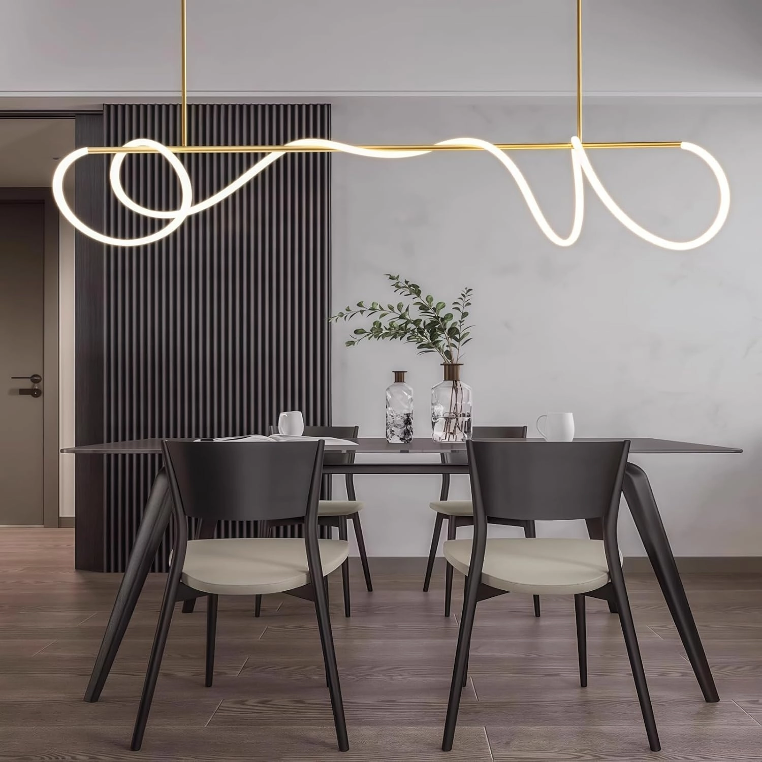 Modern Dimmable Desk Linear Pendant Light, Gold with Remote Ring Chandelier, 39 in Height Adjustment Dining Room Ceiling Lamp Fixture, Restaurant Kitchen Long Hose Lamp