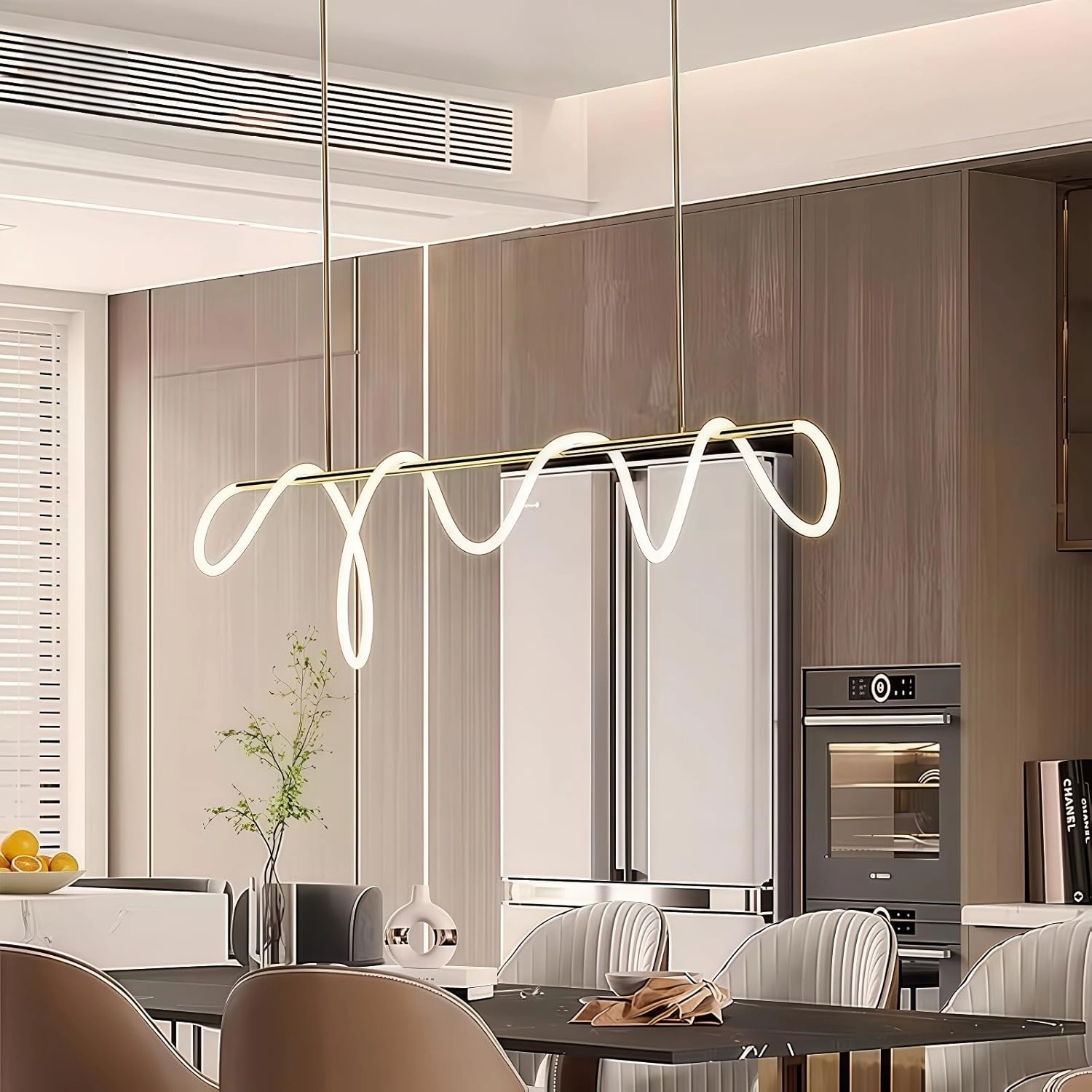 Modern Dimmable Desk Linear Pendant Light, Gold with Remote Ring Chandelier, 39 in Height Adjustment Dining Room Ceiling Lamp Fixture, Restaurant Kitchen Long Hose Lamp