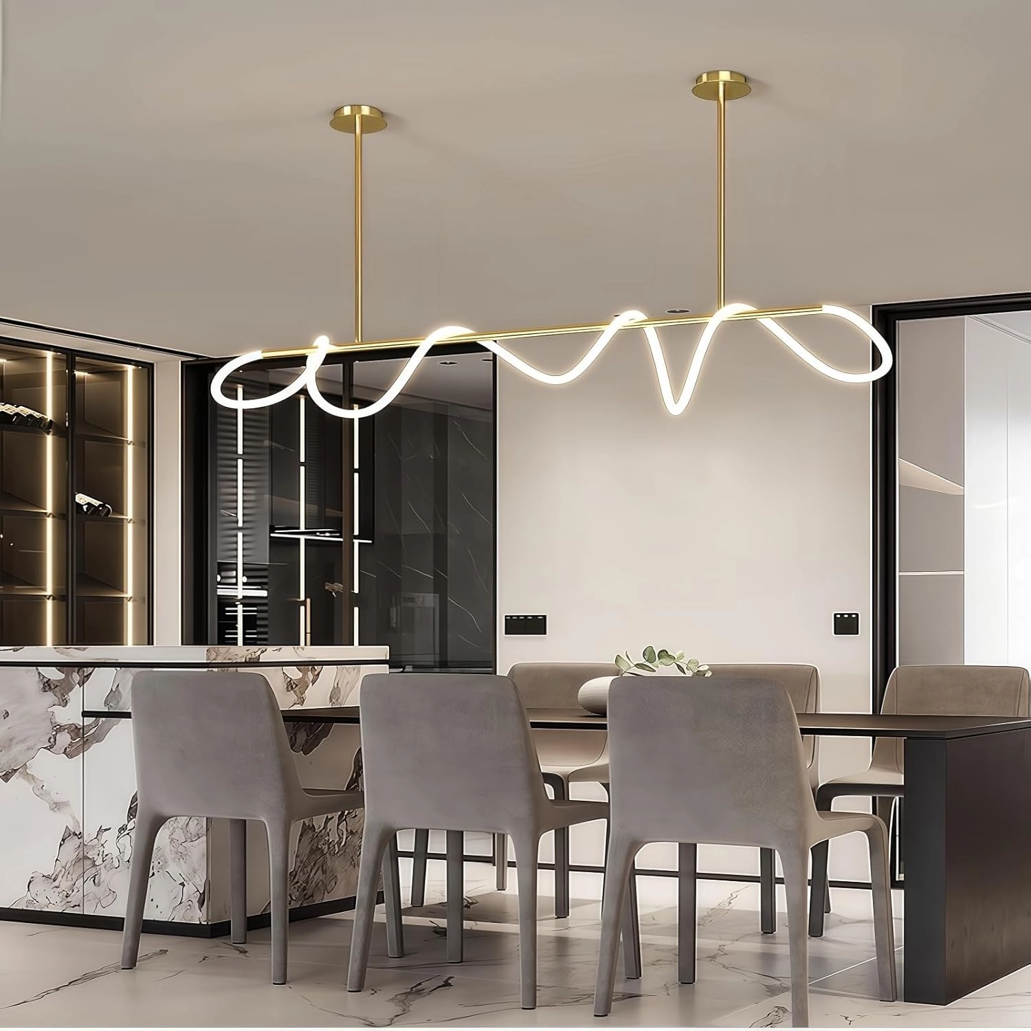 Modern Dimmable Desk Linear Pendant Light, Gold with Remote Ring Chandelier, 39 in Height Adjustment Dining Room Ceiling Lamp Fixture, Restaurant Kitchen Long Hose Lamp