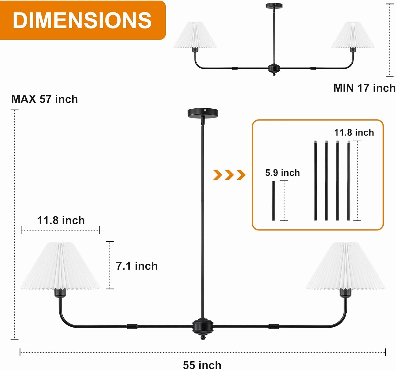 Modern Linear Chandelier, 2-Light Dining Room Light Fixture with White Fabric Shade Kitchen Island Lighting Fixture for Over Table, Living Room, Bedroom