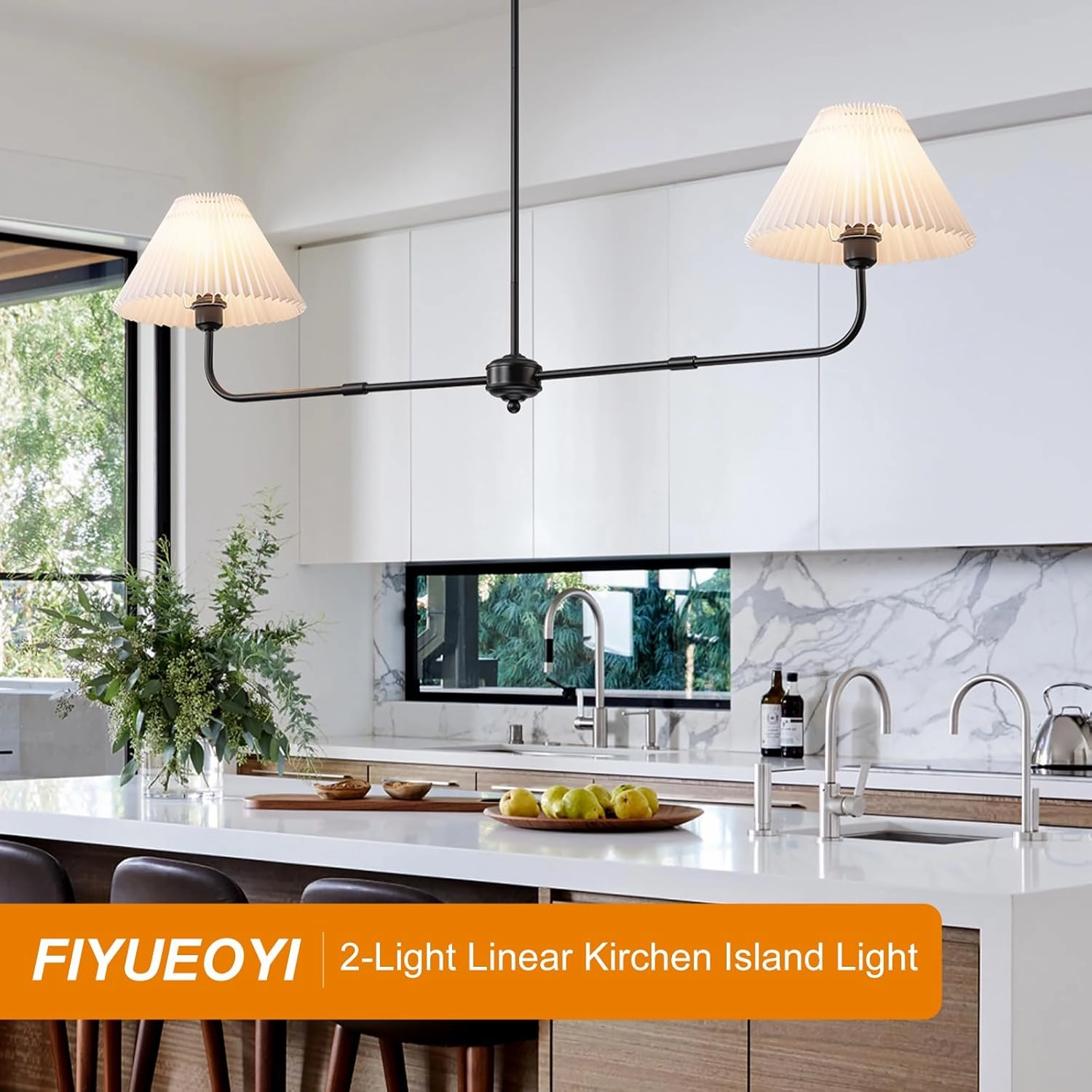 Modern Linear Chandelier, 2-Light Dining Room Light Fixture with White Fabric Shade Kitchen Island Lighting Fixture for Over Table, Living Room, Bedroom