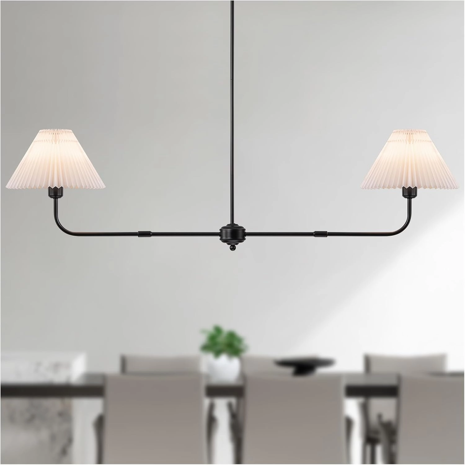 Modern Linear Chandelier, 2-Light Dining Room Light Fixture with White Fabric Shade Kitchen Island Lighting Fixture for Over Table, Living Room, Bedroom