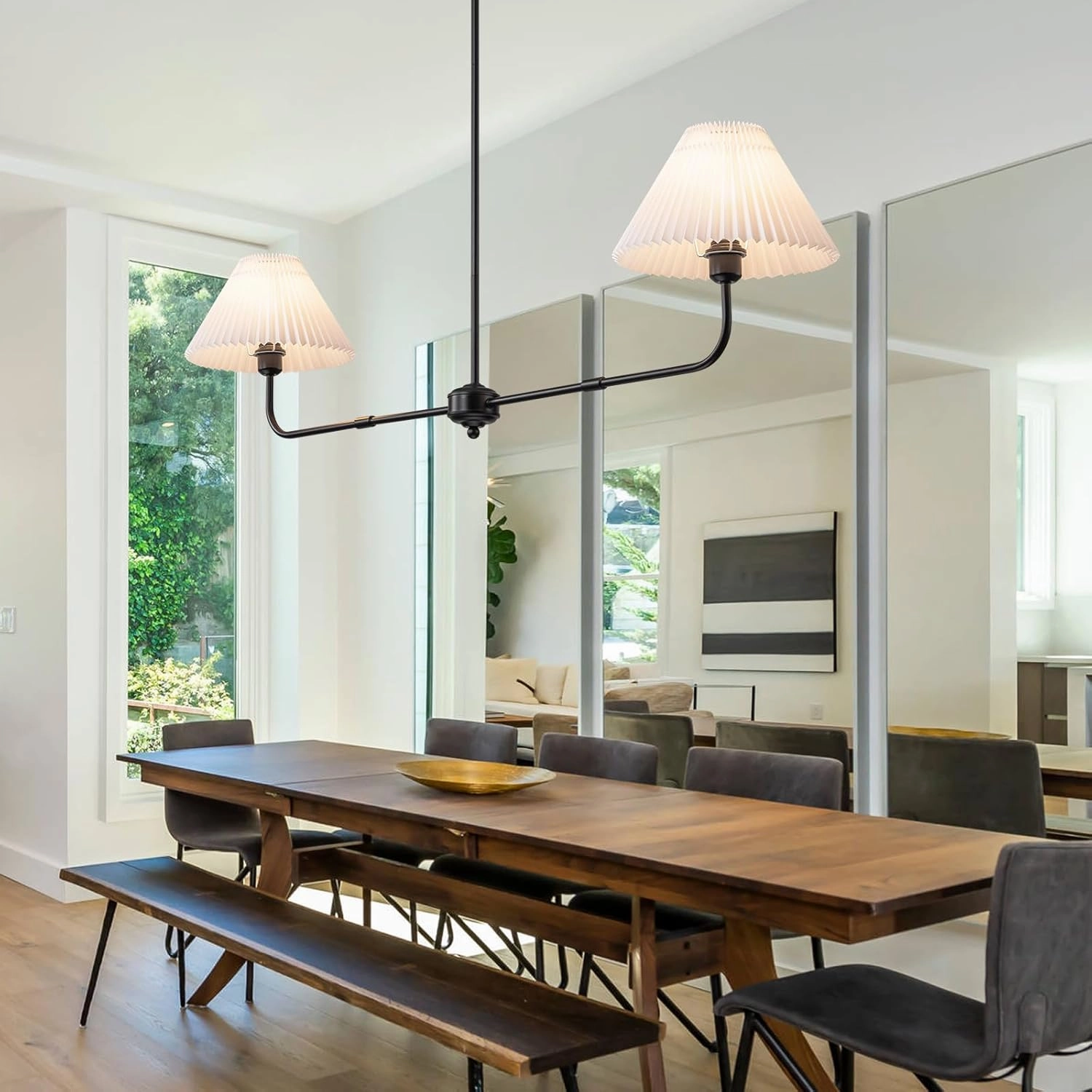 Modern Linear Chandelier, 2-Light Dining Room Light Fixture with White Fabric Shade Kitchen Island Lighting Fixture for Over Table, Living Room, Bedroom