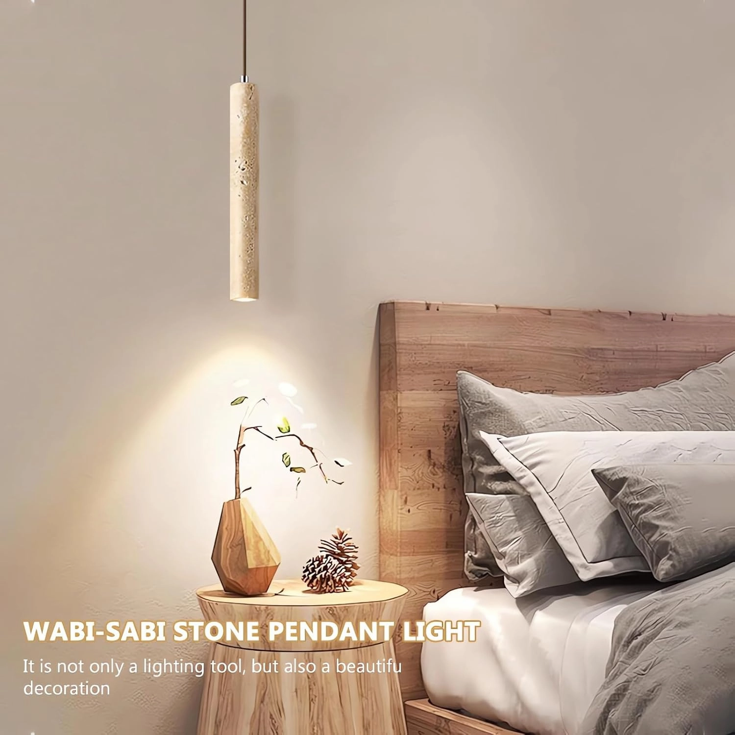 Modern Stone Pendant Light Wabi-Sabi Wooden Hanig Lamp Walnut Wood Finish with Stone Lamp Body Pendant Lighting for Kitchen Island Dining Room (B Style)