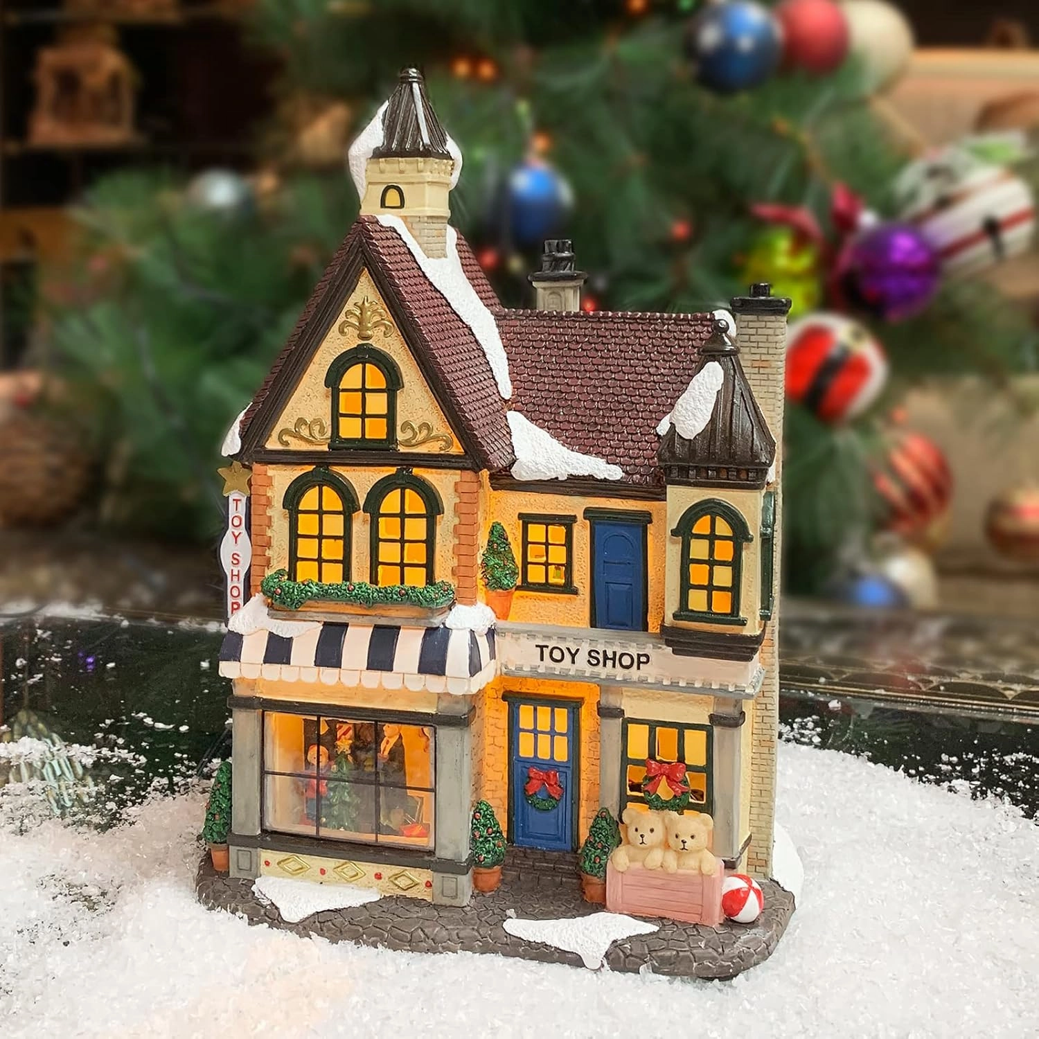 MOMENTS IN TIME 10.8" H Resin Christmas Village Building, Toy Shop with LED Lights - Battery Operated (not Included)