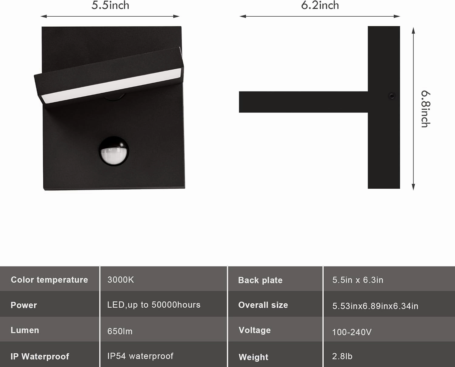 Motion Sensor Ourdoor Wall Sconce Light LED Exterior Light Fixture Black Modern Front Porch Light Wall Mount Lamp IP54 Waterproof for House Garden Garage Patio,3000K 650LM