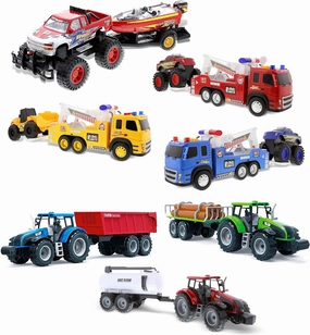 Mozlly Friction Powered Truck Toy Set – Includes 1 Monster Pick Up with Speed Boat, 3 Emergency Tow Trucks with Racing Trucks and 3 Farm Vehicles with Water Tank, Log Hauler, Tractor – Styles Vary