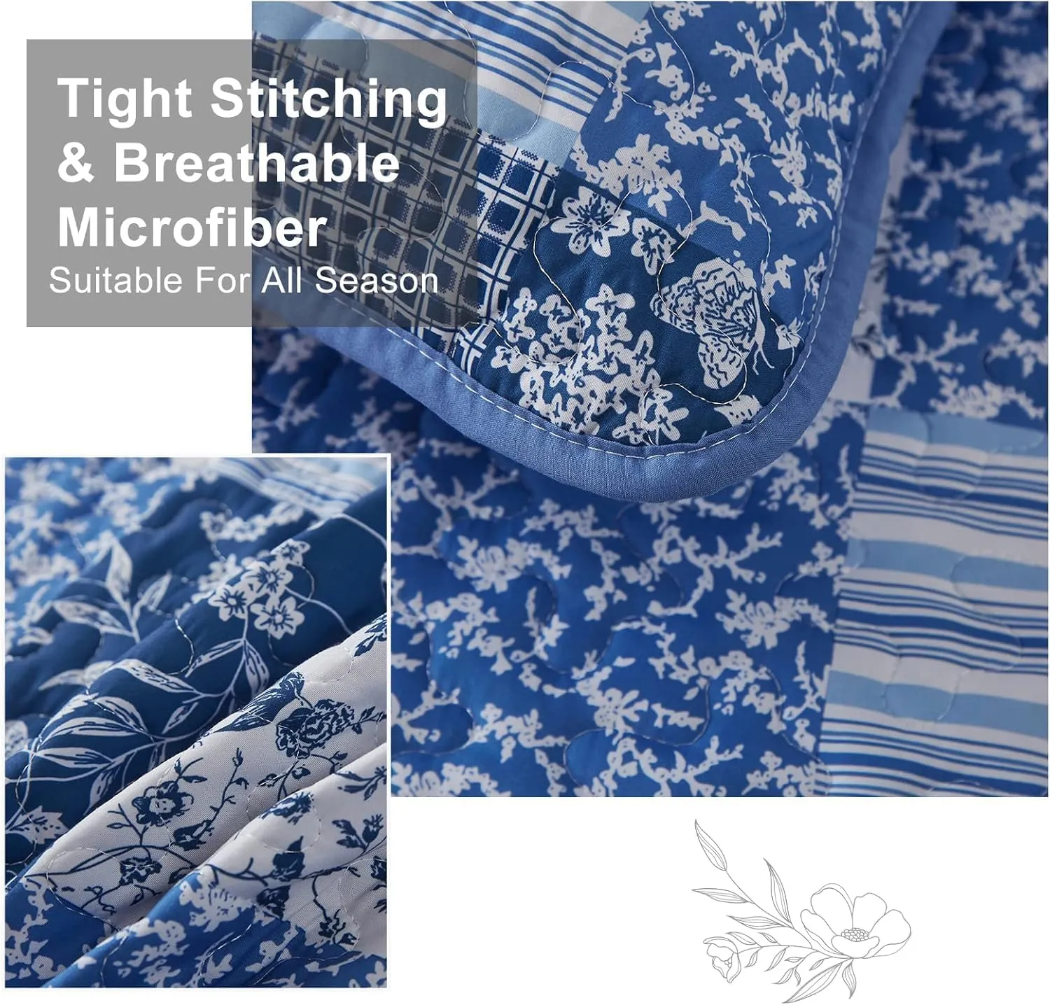 Mybedsoul Blue Quilt Set California King, 3 Pieces Plaid Floral Bedspread Set Patchwork Reversible Bedding Set Microfiber Lightweight Bedspread Coverlet Set for All Season 112"x96"