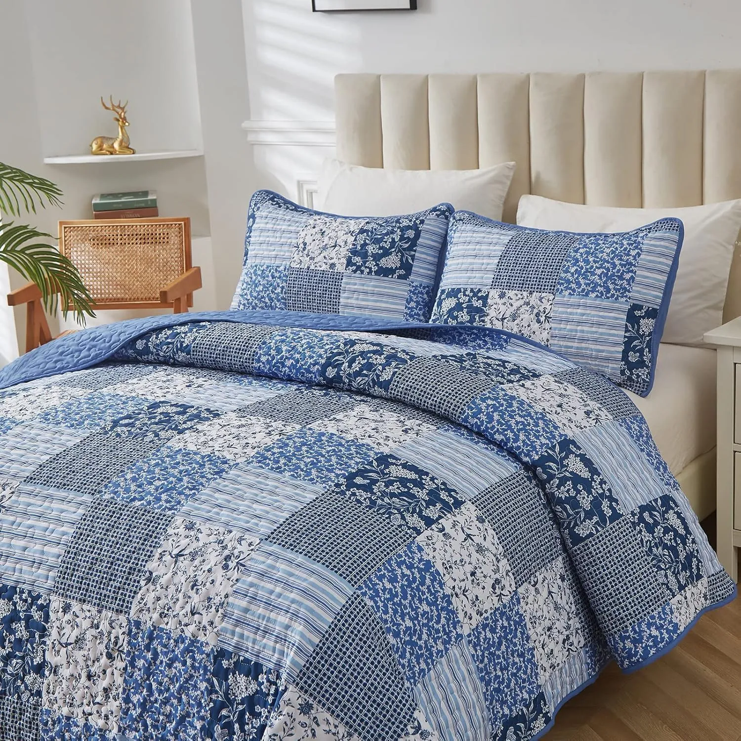 Mybedsoul Blue Quilt Set California King, 3 Pieces Plaid Floral Bedspread Set Patchwork Reversible Bedding Set Microfiber Lightweight Bedspread Coverlet Set for All Season 112"x96"