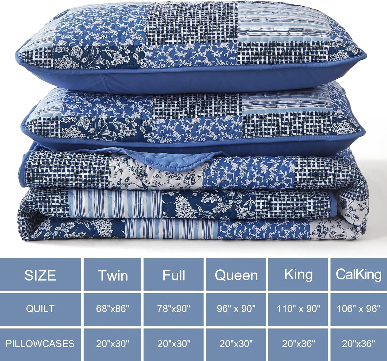 Mybedsoul Blue Quilt Set California King, 3 Pieces Plaid Floral Bedspread Set Patchwork Reversible Bedding Set Microfiber Lightweight Bedspread Coverlet Set for All Season 112"x96"