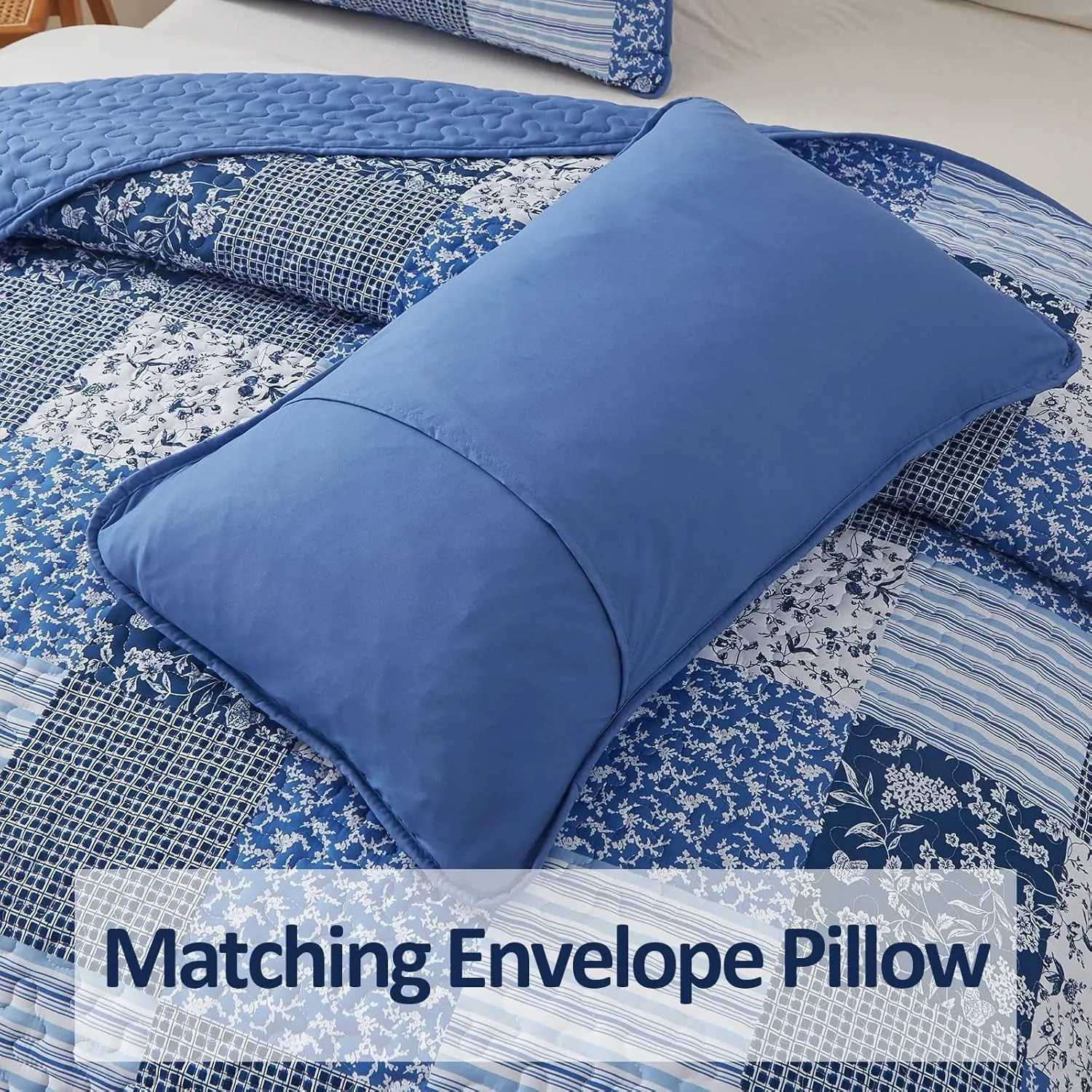 Mybedsoul Blue Quilt Set California King, 3 Pieces Plaid Floral Bedspread Set Patchwork Reversible Bedding Set Microfiber Lightweight Bedspread Coverlet Set for All Season 112"x96"