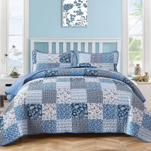 Mybedsoul Blue Quilt Set California King, 3 Pieces Plaid Floral Bedspread Set Patchwork Reversible Bedding Set Microfiber Lightweight Bedspread Coverlet Set for All Season 112"x96"