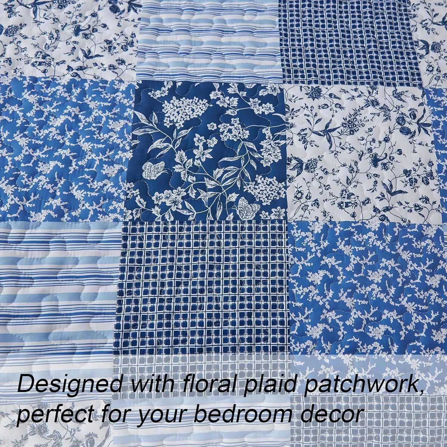 Mybedsoul Blue Quilt Set California King, 3 Pieces Plaid Floral Bedspread Set Patchwork Reversible Bedding Set Microfiber Lightweight Bedspread Coverlet Set for All Season 112"x96"
