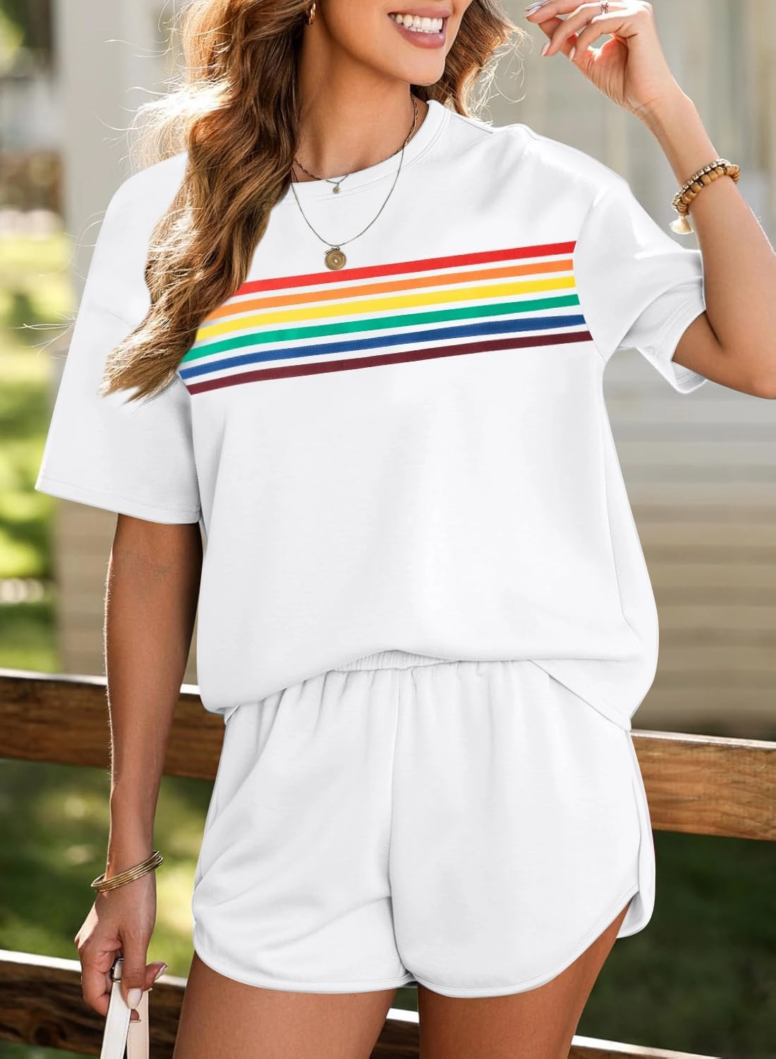 MYHALF Womens 2 Piece Short Sets Summer Outfits Rainbow Stripes Shirts 2025 Two Piece Lounge Set Matching Shorts