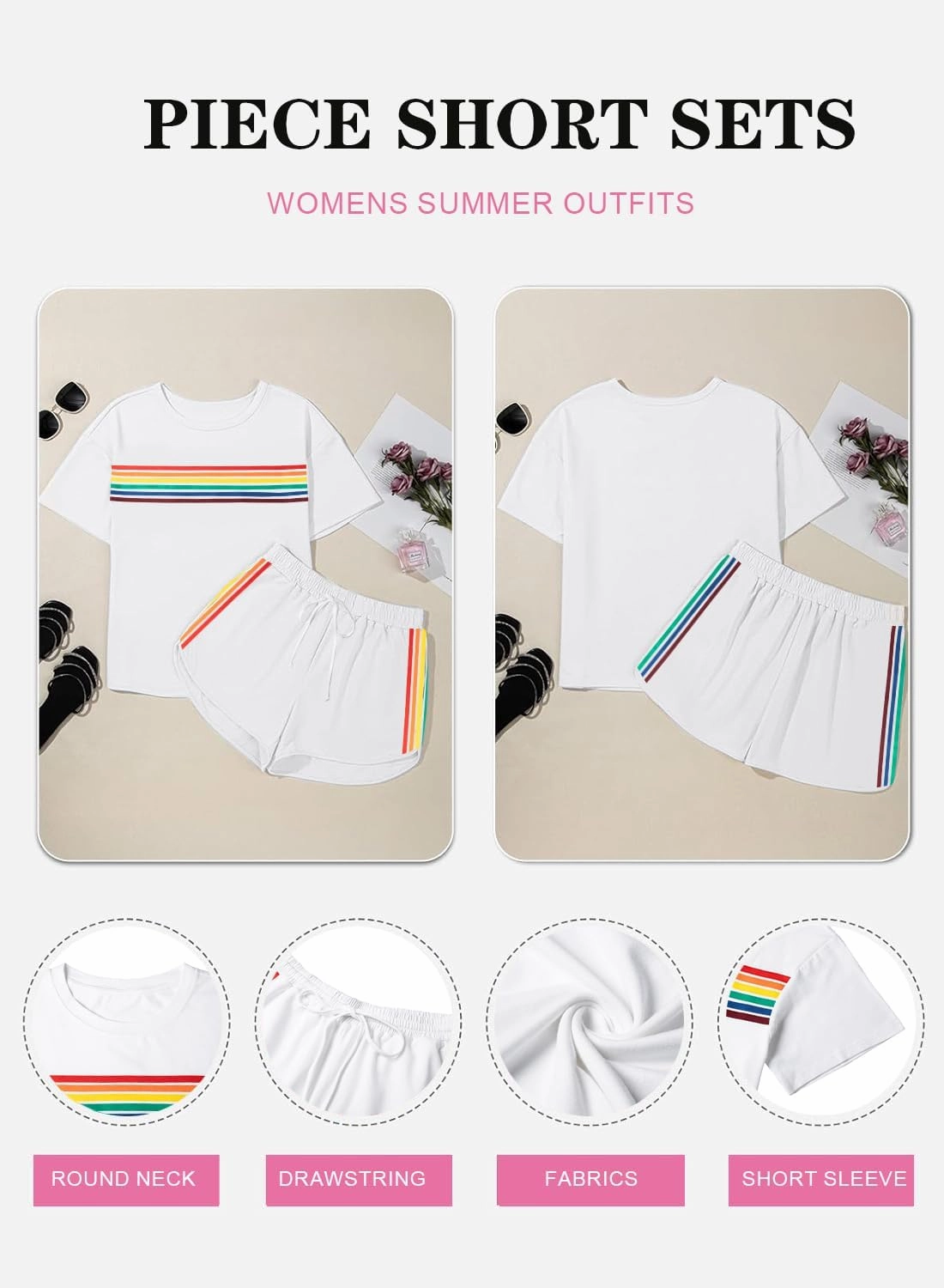MYHALF Womens 2 Piece Short Sets Summer Outfits Rainbow Stripes Shirts 2025 Two Piece Lounge Set Matching Shorts