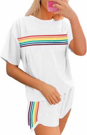 MYHALF Womens 2 Piece Short Sets Summer Outfits Rainbow Stripes Shirts 2025 Two Piece Lounge Set Matching Shorts
