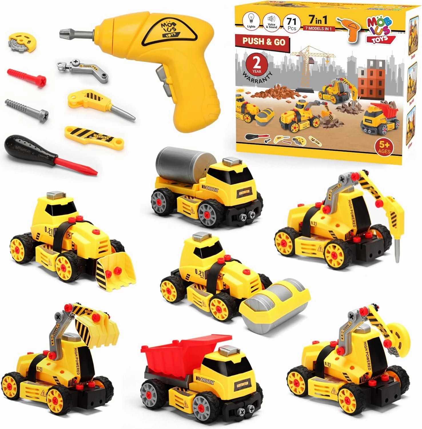 MÖBIUS Toys 7 in 1 Take Apart Truck Construction Set - STEM Learning Kids Builder PlaySet w/Electric Drill, DIY Engineering Building w/Lights, Sounds, Push & Go, Boys & Girls, Ages 4-7 Years Old