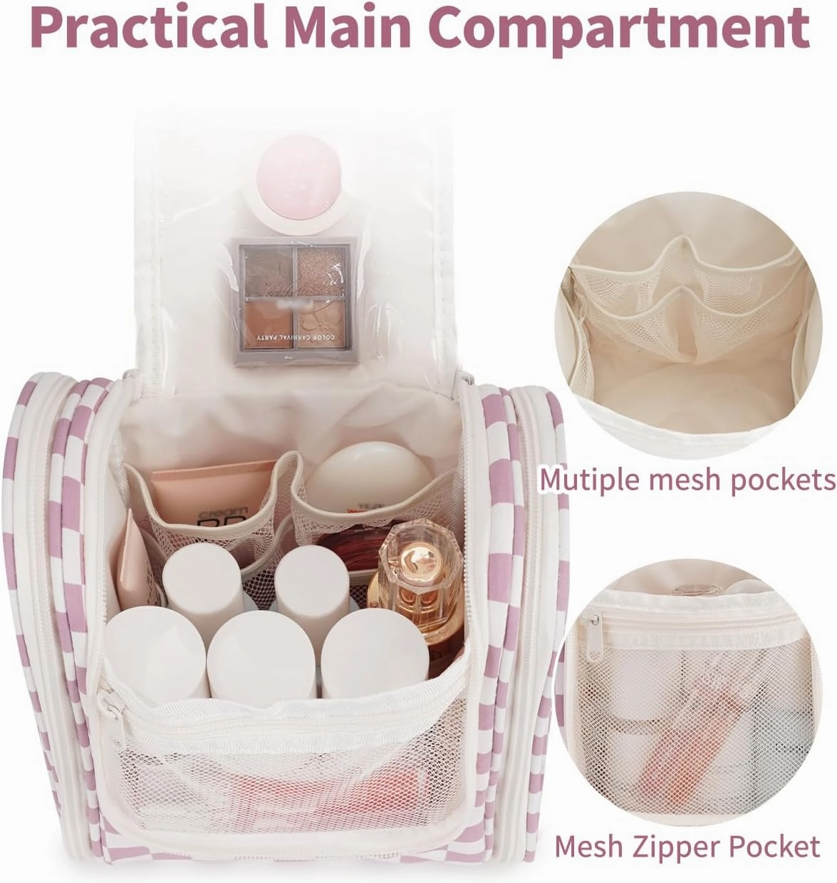 Narwey Small Checked Hanging Travel Toiletry Bag for Women, Travel Bag for Toiletries, Makeup Bag Organizer Cosmetic Bags Make Up Bags for Women (Dusty Rose Checkerboard)