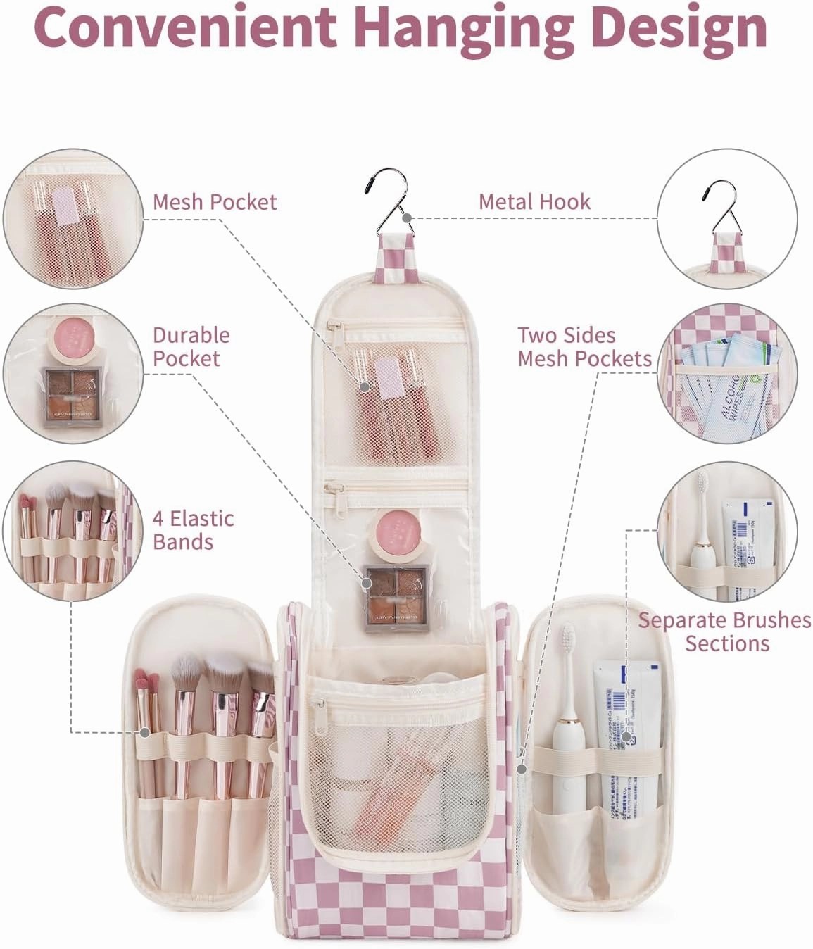 Narwey Small Checked Hanging Travel Toiletry Bag for Women, Travel Bag for Toiletries, Makeup Bag Organizer Cosmetic Bags Make Up Bags for Women (Dusty Rose Checkerboard)