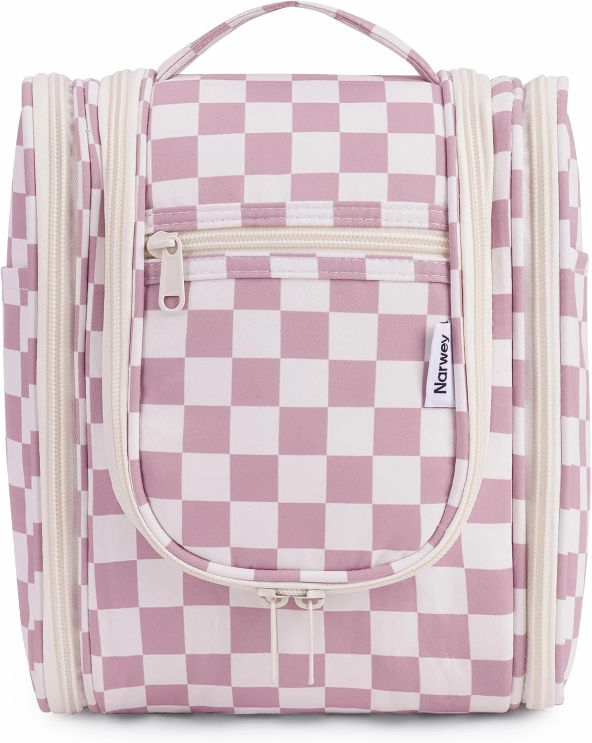Narwey Small Checked Hanging Travel Toiletry Bag for Women, Travel Bag for Toiletries, Makeup Bag Organizer Cosmetic Bags Make Up Bags for Women (Dusty Rose Checkerboard)