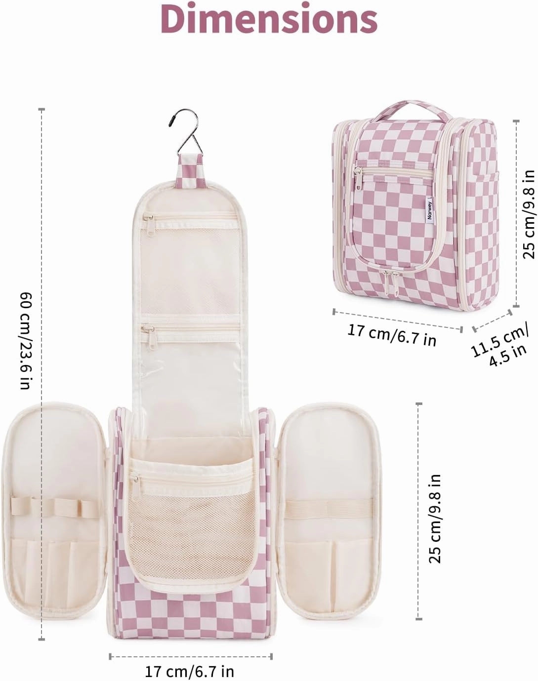 Narwey Small Checked Hanging Travel Toiletry Bag for Women, Travel Bag for Toiletries, Makeup Bag Organizer Cosmetic Bags Make Up Bags for Women (Dusty Rose Checkerboard)