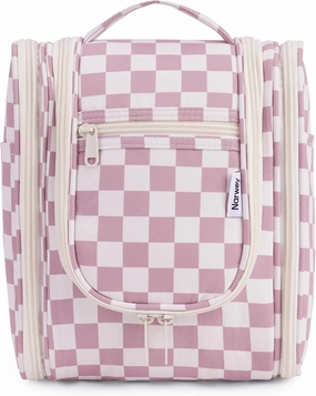 Narwey Small Checked Hanging Travel Toiletry Bag for Women, Travel Bag for Toiletries, Makeup Bag Organizer Cosmetic Bags Make Up Bags for Women (Dusty Rose Checkerboard)