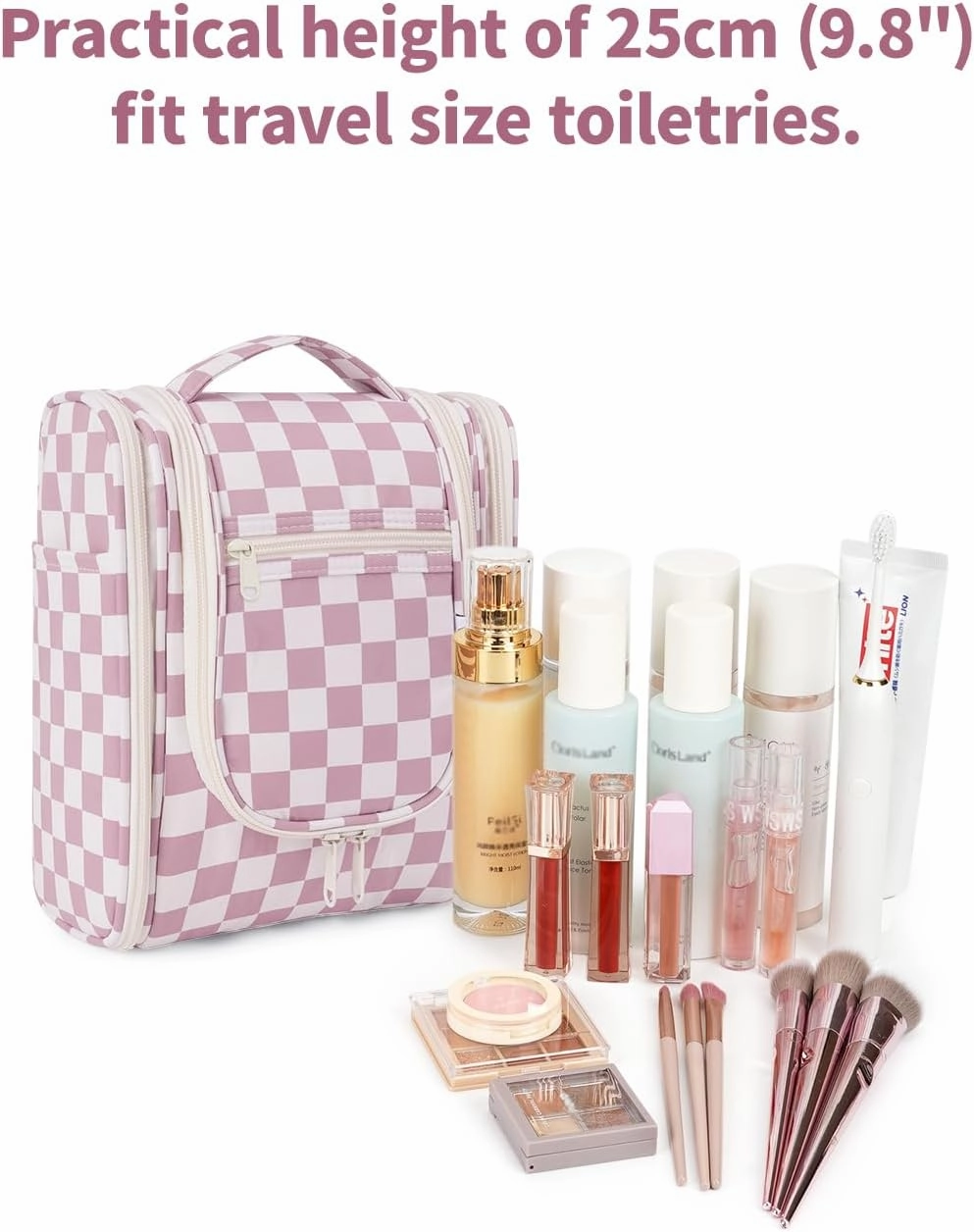 Narwey Small Checked Hanging Travel Toiletry Bag for Women, Travel Bag for Toiletries, Makeup Bag Organizer Cosmetic Bags Make Up Bags for Women (Dusty Rose Checkerboard)