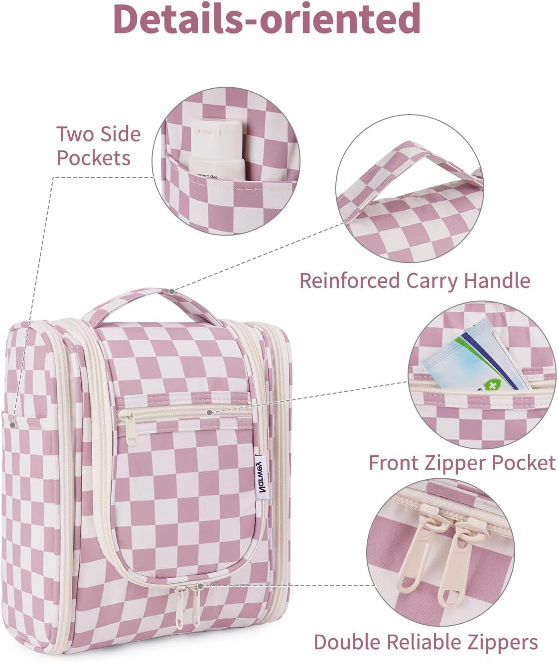 Narwey Small Checked Hanging Travel Toiletry Bag for Women, Travel Bag for Toiletries, Makeup Bag Organizer Cosmetic Bags Make Up Bags for Women (Dusty Rose Checkerboard)