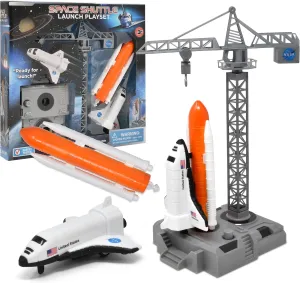 NASA Space Shuttle Launch Playset Toy for Kids, Pretend Play 2 in 1 Rocket Ship Set Spring Loaded Space Launcher & Friction Powered Spaceship for Kids
