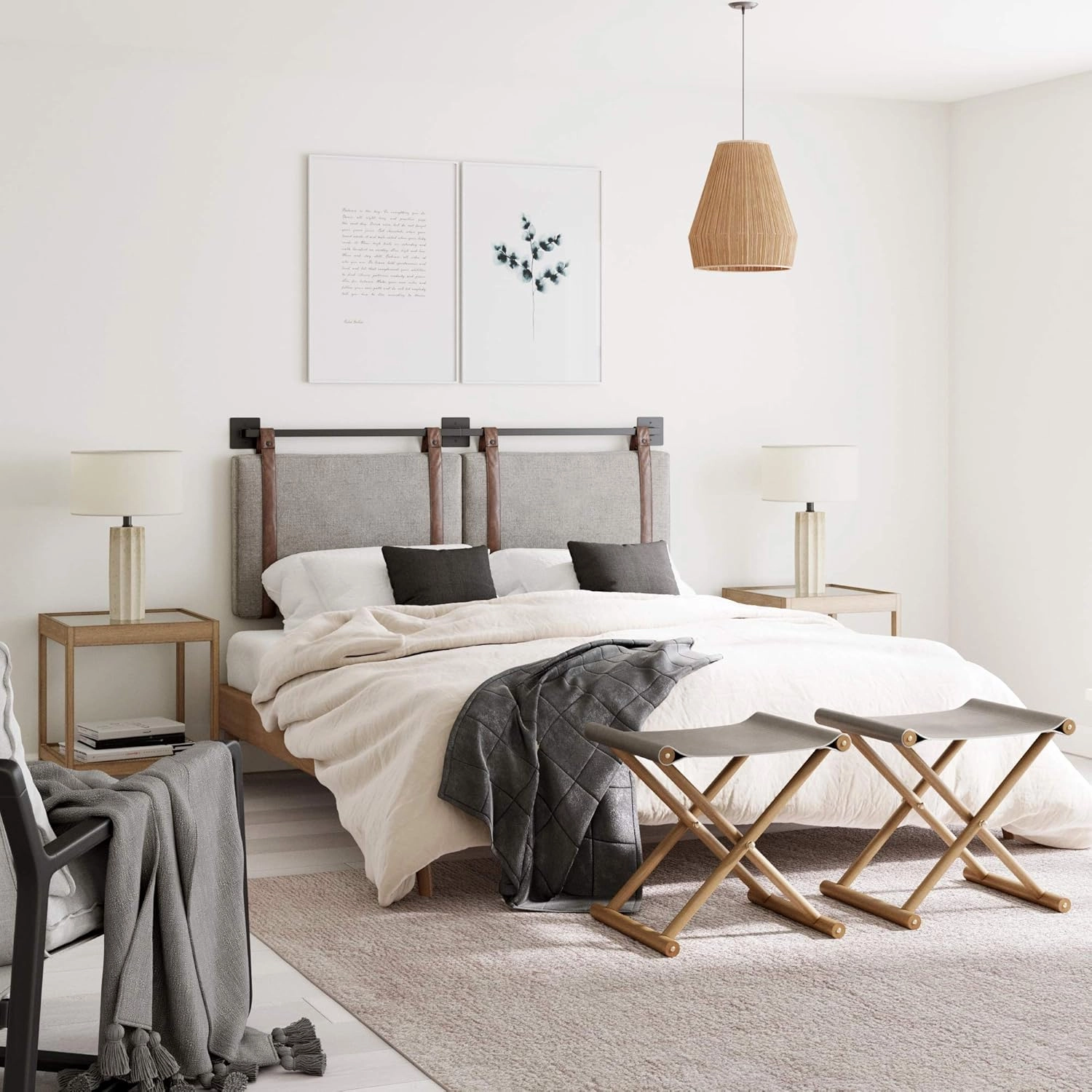 Nathan James Harlow Modern Wall Mount Hanging Headboard, Queen, Gray with Brown Faux Leather Straps