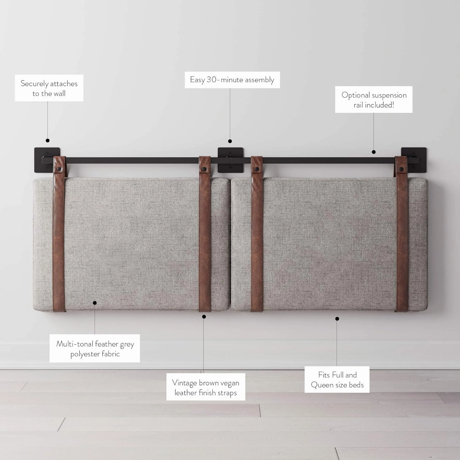 Nathan James Harlow Modern Wall Mount Hanging Headboard, Queen, Gray with Brown Faux Leather Straps
