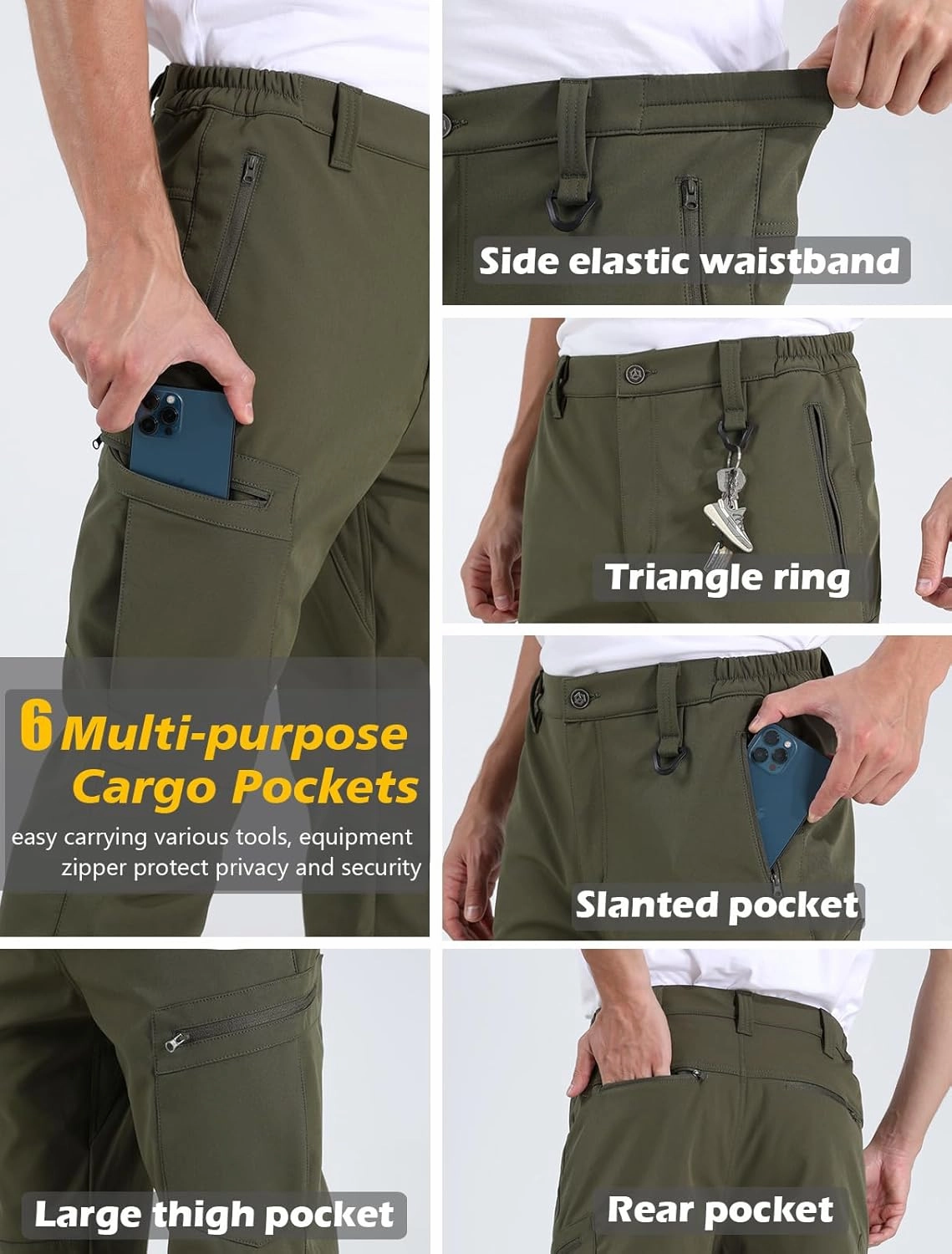 NAVEKULL Men's Fleece Lined Hiking Pants Softshell Water Resistance Snow Ski Pants Winter Outdoor Tactical Cargo Trousers