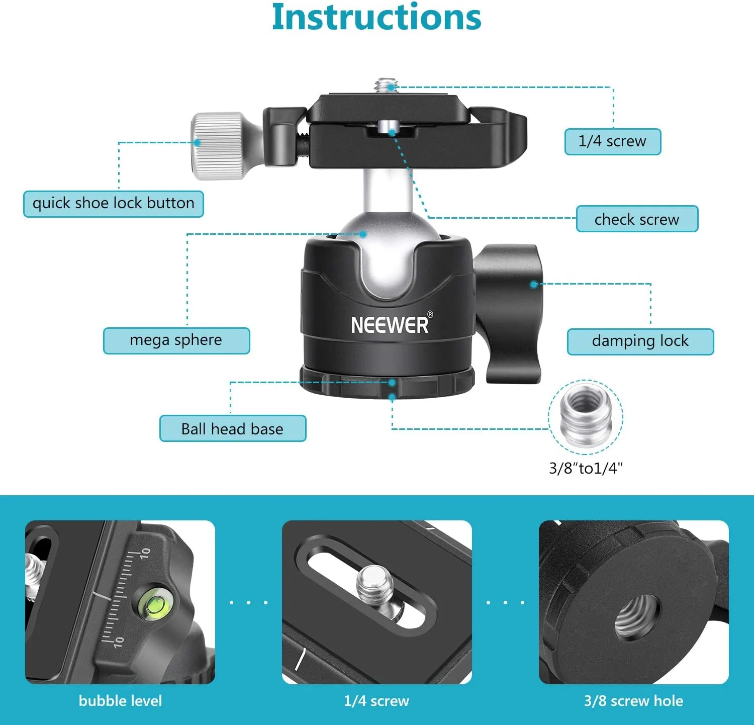 NEEWER 28mm Low Profile Tripod Ball Joint 360° Pan Rotation with 1/4" Arca Type Quick Release Plate and Spirit Level for Tripods, Monopods, Max Load: 6.6LB/5kg
