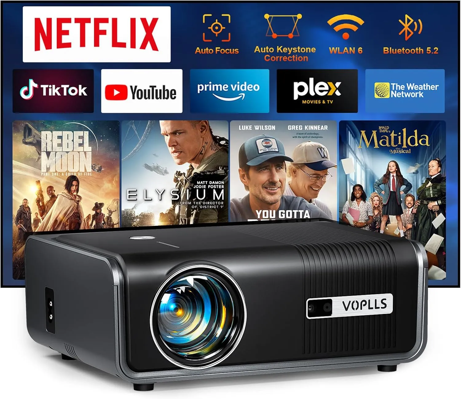 [Netflix Official & Auto Focus/Keystone] Smart Projector with WiFi and Bluetooth, VOPLLS 700ANSI Native 1080P Outdoor Projector, 50% Zoom Home Theater Movie Projector for Bedroom/iOS/Android