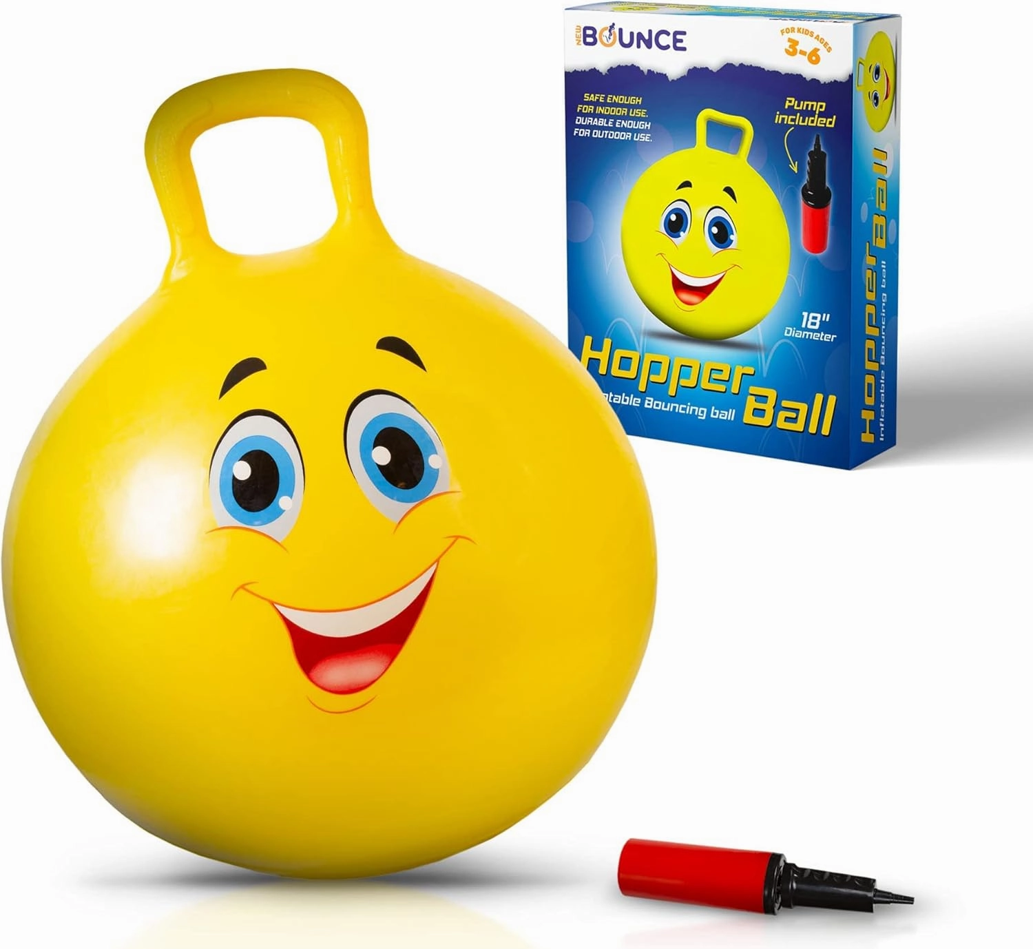 New Bounce Hopper Ball for Kids - Bouncing Ball with Handle - Outdoor Toys for Ages 5,6,7,8,9 - Yellow Bouncy Ball w/Pump