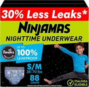 Ninjamas Boys Bedwetting Nighttime Underwear, Size S/M (38-70 lbs), 88 Count, Overnight Protection, Ultra Absorbent, Hypoallergenic